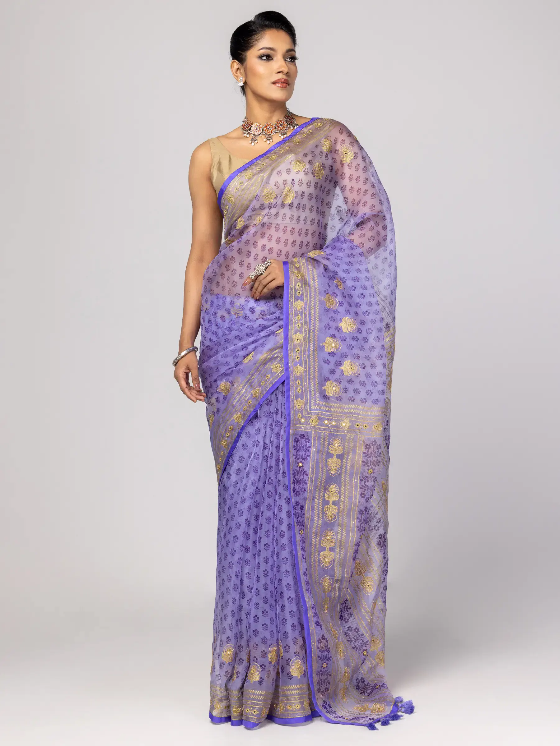 Periwinkle Printed and Embroidered Muslin Saree
