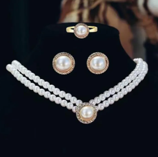 Rhinestone Round Pearl Necklace Earrings Ring Set