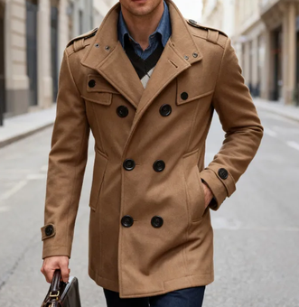 Men's Double-breasted Woolen Overcoat Fashion Solid Color Mid-length Jacket