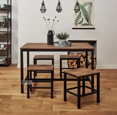 Furnix Dining Table Set – 4 Seater with Sheffield Stools | Durable Metal Frame | 1 Dining Table + 4 Stools