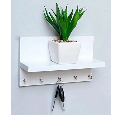 Key Ring Hanger with Wall Shelf | White 12×6 Inch PVC Board (8mm) Floating Shelf | Wall Mounted Organize