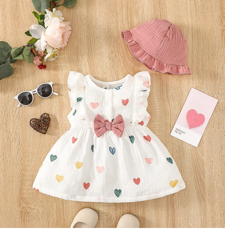 0-1 year, 2PCS Dress Clothes Set Newborn Baby Girl Love Print Sleeveless Dress With Hat Summer Fashion Cute Wear for Infant Girl