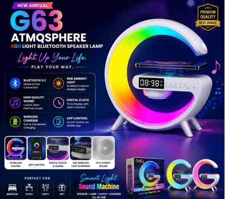 G63 Speaker Lamp - APP Control 3 in 1 Multi-Function Bluetooth Speaker With Wireless Charging, RGB Light and Alarm Clock - Charger G Lamp with Sunrise Alarm for Bedroom & Bedside table (G Speaker)
