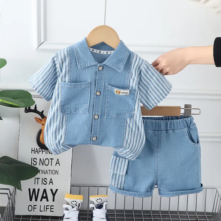Infant Fashiont Bay Boys Denim Clothing Sets Summer Children Fashion Striped Shirts Shorts 2pcs Tracksuits Casual Outfits Suits