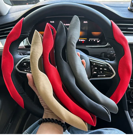 Universal D-shaped Round Car Steering Wheel Cover Ventilation hole Leather Absorb sweat Anti-slip Decoration Accessories 15inch